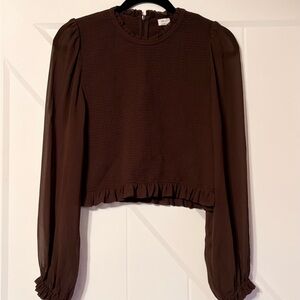Wilfred Aritzia Brown Smocked Sheer Sleeve Ruffle Hem Blouse Top Size Large